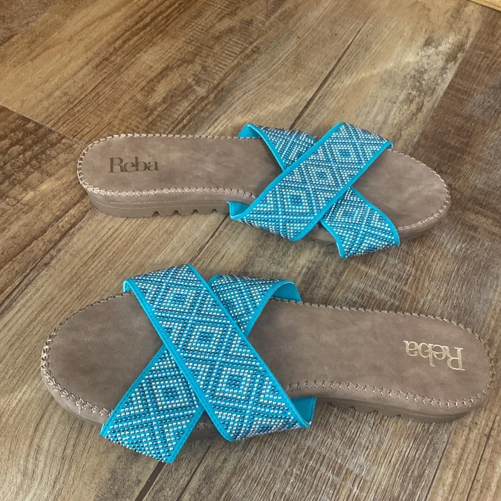 Reba Turquoise Cross Band Silver & gold Beaded Slide Sandals slides size 8